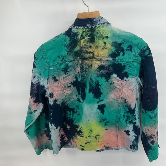 Demolition Tie Dye Denim Jacket Medium Distressed Raw Hem Multicolor Streetwear - Picture 3 of 8